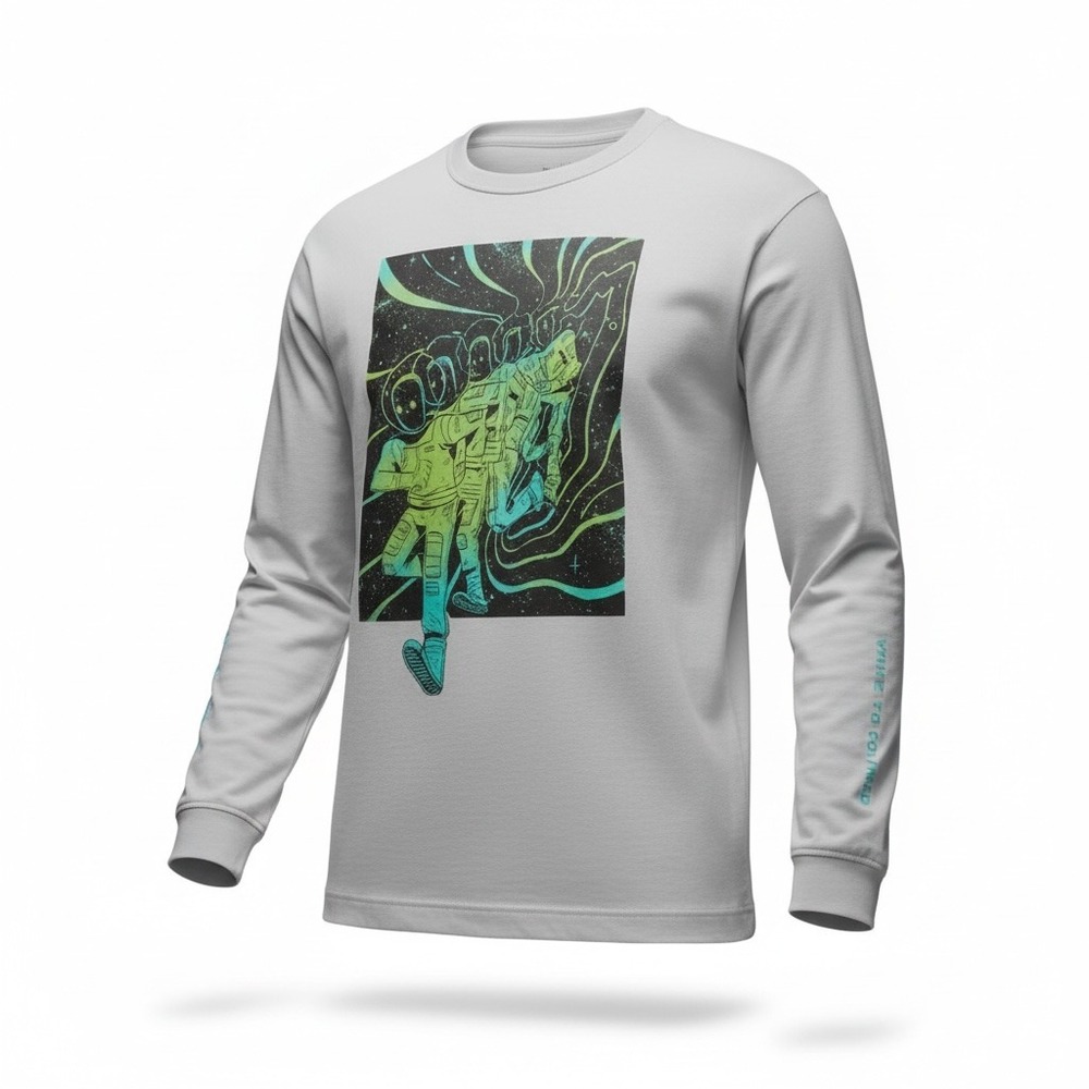 Mode of One Mens Long Sleeve Relaxed Space Guy Graphic T shirt Heather Grey sz L